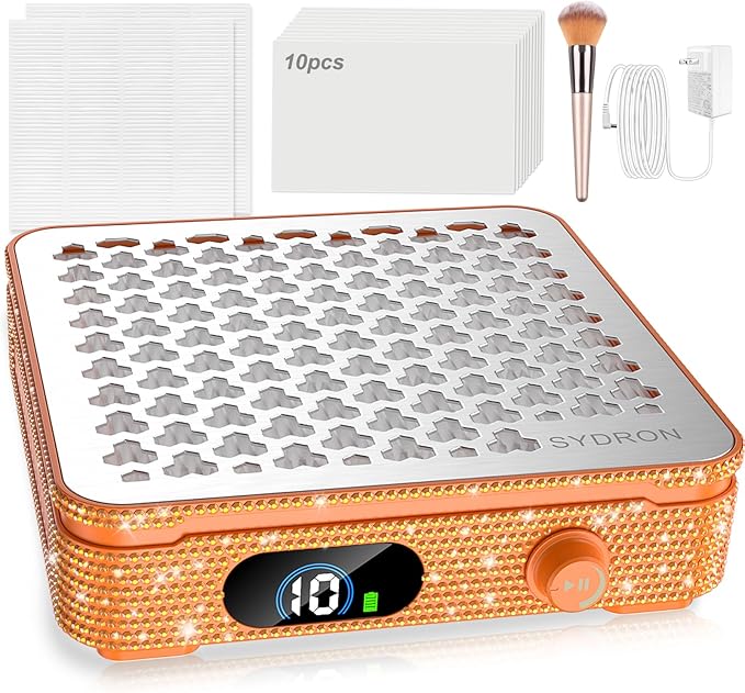 Nail Dust Collector | 1000PA Professional Nail Dust Collector | 10 Speed Levels| Low Noise & Strong Suction| Reusable Filter, 10 Pads + Nail Dust Brush| for Acrylic Nails, Salon & Home -Orange Diamond