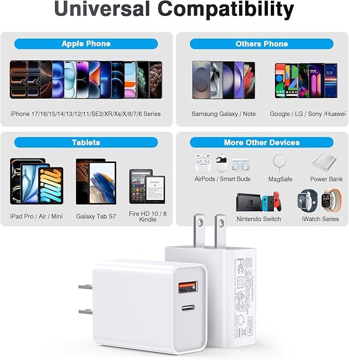USB C Wall Charger Block 20W, 3-Pack Dual Port PD Power Delivery Fast Type C Charging Block Plug Adapter for iPhone 12/13/14/15/16/17/Pro Max, XS/XR/X, iPad Pro, AirPods Pro, Samsung Galaxy(White)
