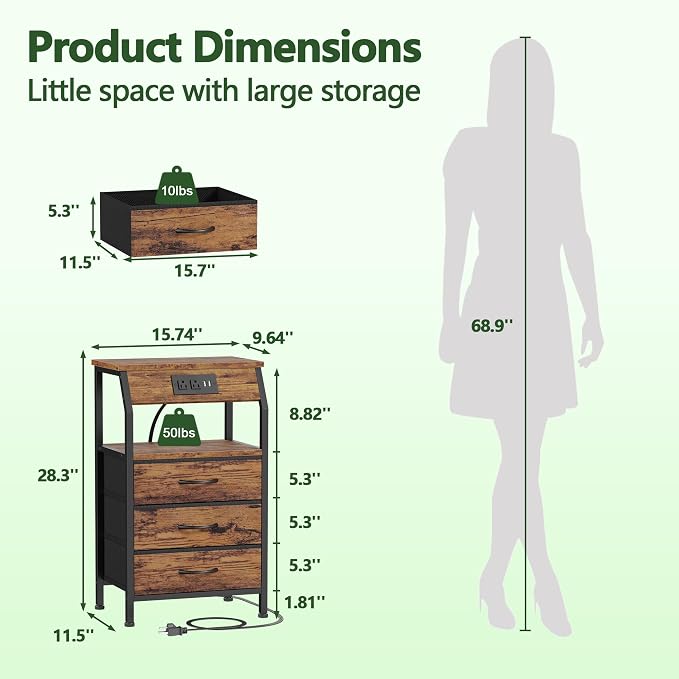 Night Stand with Charging Station, 3 Fabric Drawers Bedside Table | Rustic - Image 3