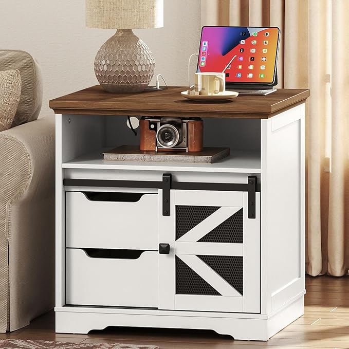 Farmhouse End Table with Charging Station, Sofa Side Table with 2 Drawers and - Image 8
