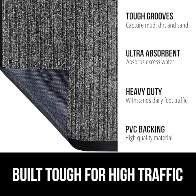 GORILLA GRIP Waterproof Traffic Guard Door Mat, 47x35, Heavy Duty Entryway Mats, Strong Rubber Back Commercial Utility Rugs for Office Hallway, Garage Floor and Home, Low Profile Carpet, Light Gray