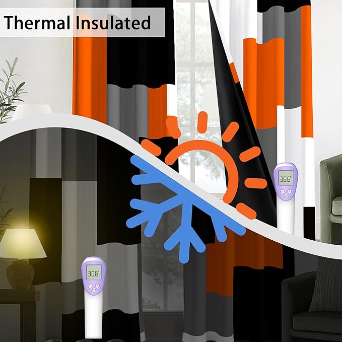 Orange 100% Blackout Curtains 45 inch Length 2 Panels Set White Grey Modern Abstract Geometric Drapes for Kitchen Black Out Curtains Insulated Room Darkening Small Window Curtains, 42Wx45L