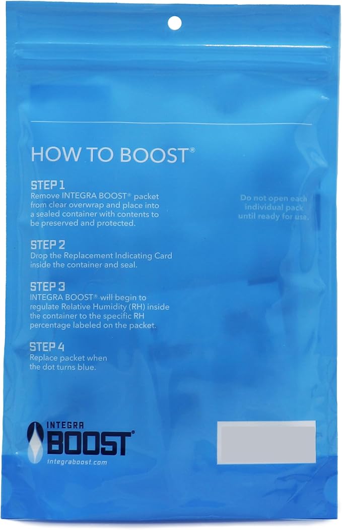 Integra Boost 62% RH Level - 8 Gram Size - Two-Way Humidity Control Pack - Includes Replacement Indicator Cards - Food Storage & Herbs Moisture Balancer for Up to 1oz (Pack of 6)