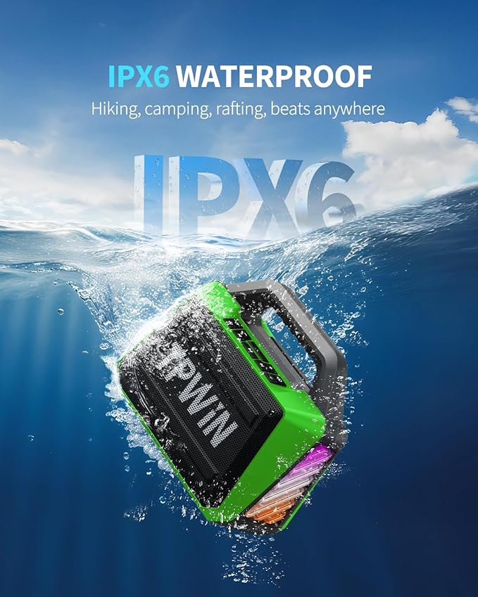 TPWIN Bluetooth Speaker - 80W Loud Rugged Outdoor Speakers, IPX6 Waterproof, 20H Playtime, Deep Bass, Lightshow, TWS, BT 5.3 Wireless, Portable for Travel Hiking Camping Beach Pool - Green
