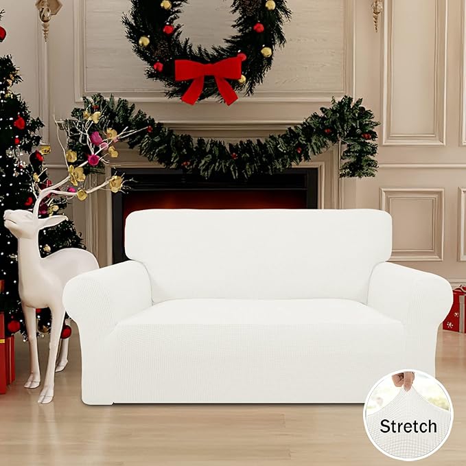Easy-Going Stretch Oversized Loveseat Slipcover 1-Piece Sofa Cover Furniture Protector Couch Soft with Elastic Bottom for Kids Polyester Spandex Jacquard Fabric Small Checks Cream