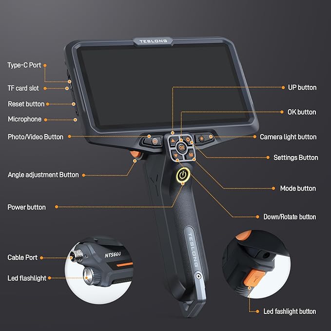 Teslong Ultra-Thin 3.9mm Industrial Endoscope with Lights, 6" IPS Screen Hnadle Borescope Automotive Mechanic Inspection Camera with 6000mAh Battery, 5FT Flexible Waterproof Gooseneck Probe