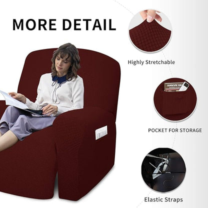 Easy-Going 4 Pieces Oversized Recliner Stretch Sofa Slipcover Sofa Cover Furniture Protector Couch Soft with Elastic Bottom Polyester Spandex Jacquard Fabric Small Checks Wine,X-Large