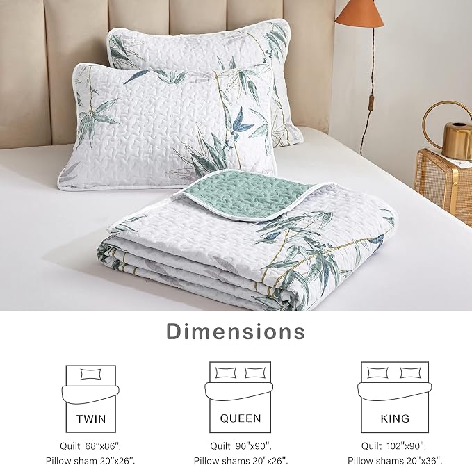 Botanical Quilt Set 3 Pieces King Size, Soft Microfiber Lightweight Bed Cover - Image 7