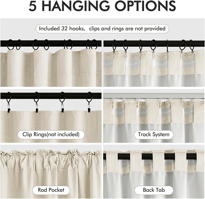 MIULEE 100% Blackout Back Tab Pleat Linen Curtains 50" Wx96 L, Light Cream | 2 - Image 6
