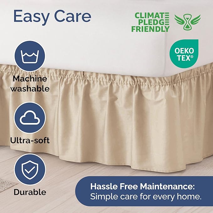 Wrap Around Dust Ruffle Bed Skirt - Cream - for King Size Beds with 24 Inch Drop - Easy Fit Elastic Strap - Adjustable Pleated Bedskirt w/Brushed Fabric - Wrinkle Free - for Women, Men, Kids & Teens