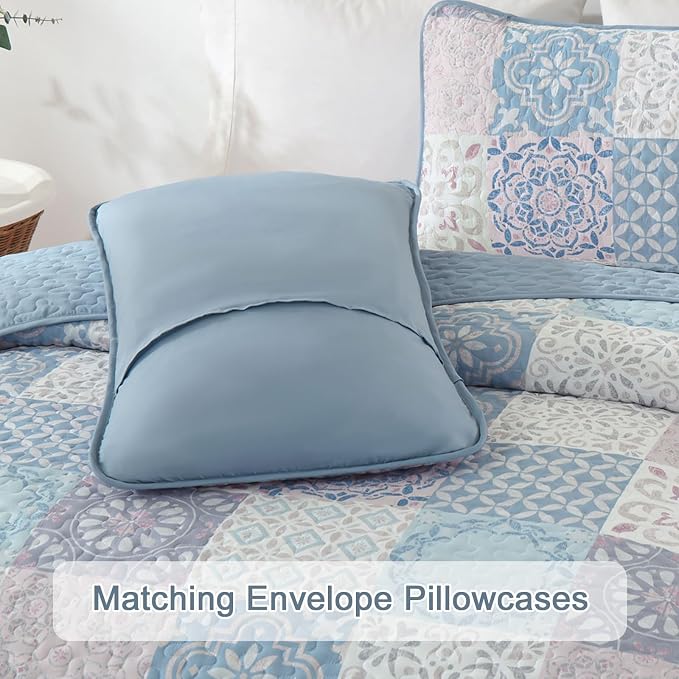 Dobuyly Quilt Set Queen Size, Light Blue/Pink Patchwork Bedspread 3 Pieces - Image 8