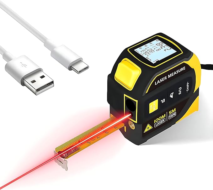 4-in-1 Digital Laser Tape Measure, 16FT Measuring Tape, 328ft Laser Distance Meter, Cross-Line Laser Ruler, Rechargeable, 3000 Uses/Charge, for DIY & Construction
