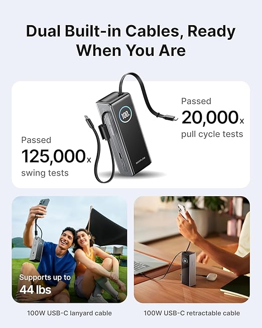 EF ECOFLOW Rapid Power Bank, 25,000mAh, 170W, 100W Built-in and Retractable Cables, Portable Charger with Triple 100W USB-C Port, Compatible with iPhone 17/16/15/14, Samsung, Laptop and More, Silver