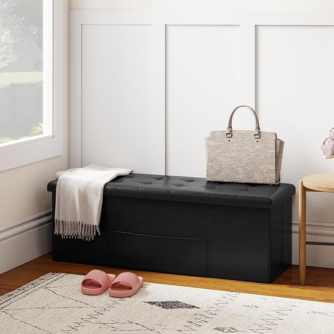 Giantex 43 Inches Folding Storage Ottoman Bench, Upholstered PU Leather Storage - Image 2
