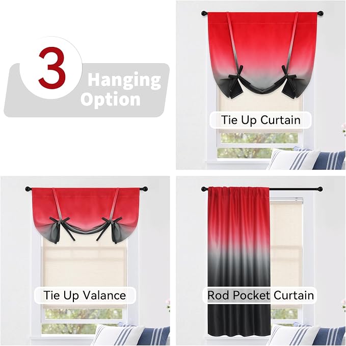 COSVIYA 100% Blackout Red and Black Adjustable Tie Up Curtains - Image 4