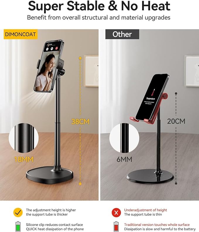 DIMONCOAT Phone Stand for Desk, Angle Height Adjustable Phone Holder for Desk, Aluminum Alloy Universal iPhone Holder, Retractable Cell Phone Stand Recording Office for iPhone 17 16 15 Pro Max Air