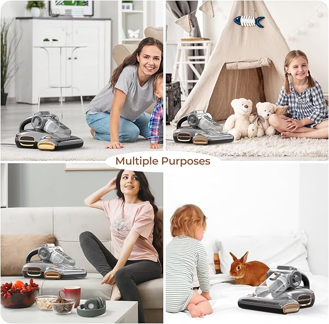 JIGOO T600 Bed Vacuum Cleaner with UV-C Light, 15Kpa Suction 700W Powerful Double Cup Handheld Vacuums, Mattress Vacuum Cleaner with Smart Dust Sensor, Ultrasonic & Heating Tech, HEPA Filter - Corded