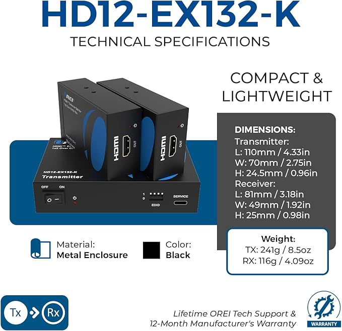 OREI 1x2 HDMI Extender Splitter Over Single Cable CAT6/7 1080P EDID Management - Up to 132 Ft - Loop Out - Low Latency