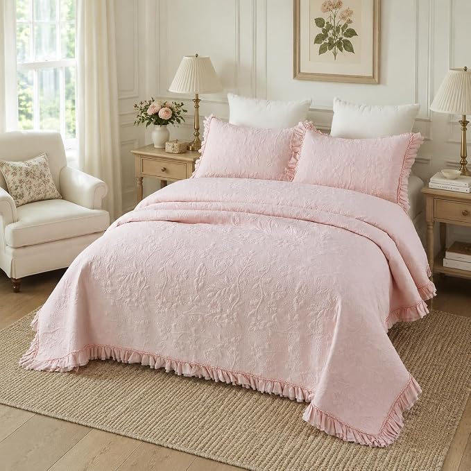 Brandream Queen Size Quilt Set Cotton Light Pink Quilts Shabby Chic Bedding - Image 5