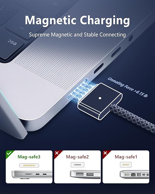 ZeitNah Upgraded USB-C to Magnetic Charging Cable for MacBook Pro/Air (2021-2025), 140W Fast Charging, 6.6ft Braided Replacement Power Cord for MacBook Charger, Midnight