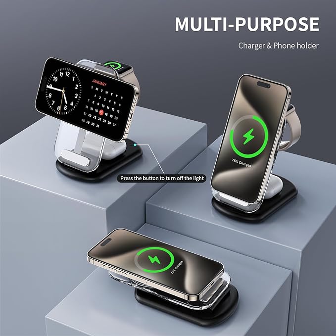 2026 Traveling Wireless Mag-Safe Fast Charging Station,Magnetic 3 in 1 Charger with Light for iPhone 17 16 15 14 13 12 Pro Max Plus,Apple Watch & Air pods 4 3 2 Pro-Gifts for Wife & Husband(Black)