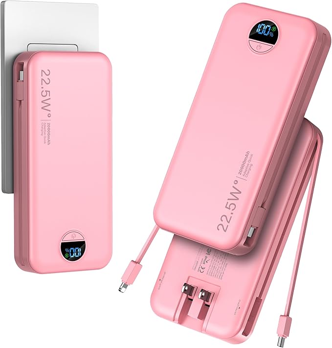 aonidi 20000mAh Ultra-Portable-Charger-Power-Bank PD20W with Built in Cables&AC Wall Plug,Fast Charging Cell Phone Charger Battery Pack,LED Display Travel Battery Bank for All iPhone,Samsung,Android