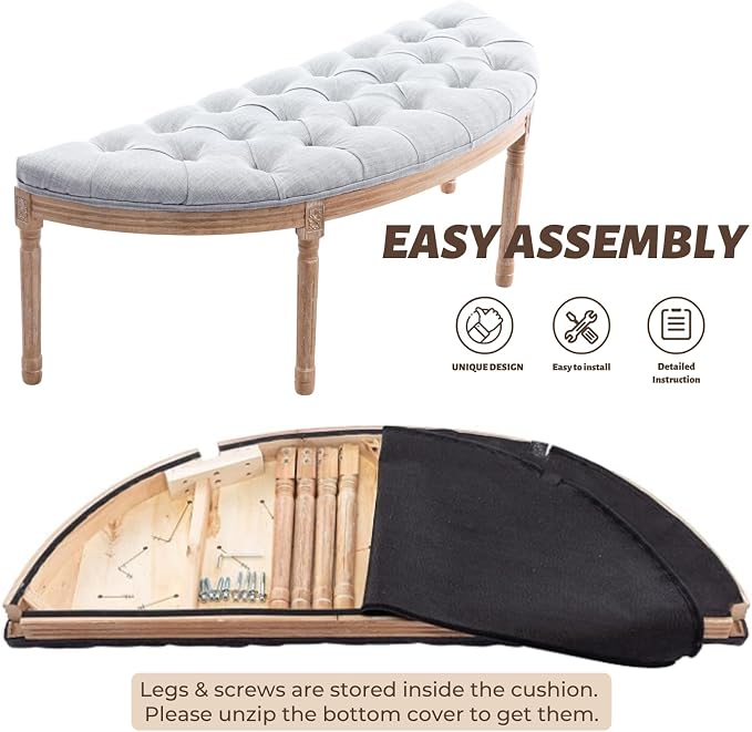 chairus 55" Button Tufted Semi-Circle Dining Bench Linen Halfmoon Entryway - Image 7