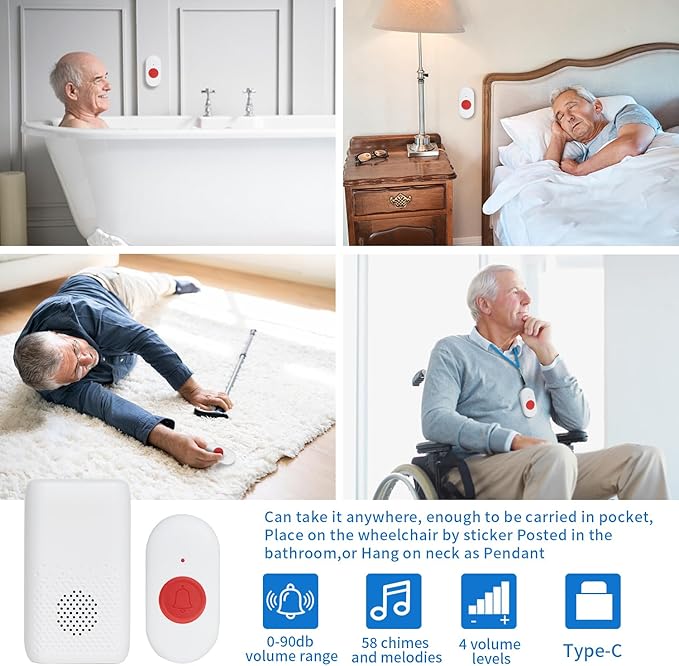 Wireless Caregiver Pager Nurse Alert System SOS Call Button Vibration Pager Nurse Calling Alert System with 58 Melodies 4 Adjust Volume Levels for Patients Seniors Elderly Monitoring at Home