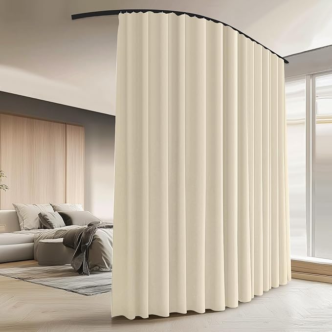 Room Divider Curtains with Ceiling Curtain Track Set Window Curtain for Bedroom,Living Room Total Blackout Thermal Insulated Privacy Ceiling Track Curtain W 6 × H 7 FT Beige drape&Black track