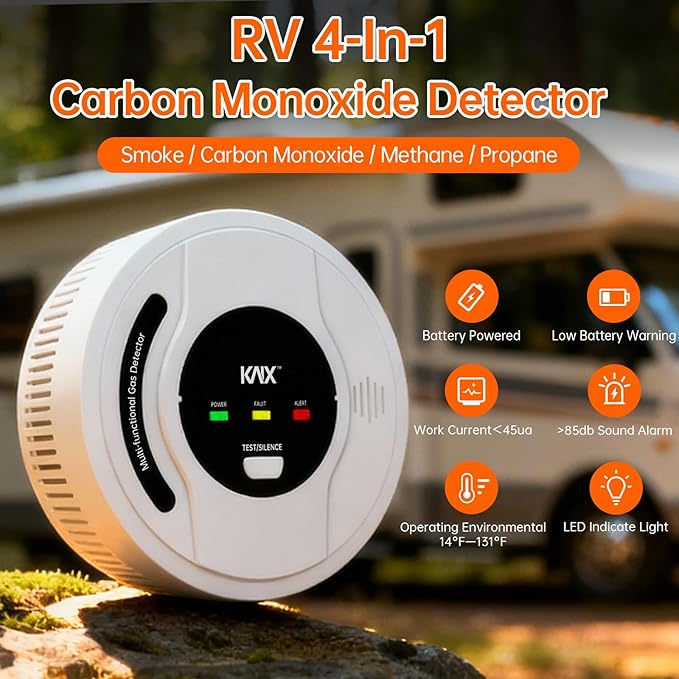 4-in-1 RV Propane Gas Detector, RV Carbon Monoxide Detectors, Smoke Detector, Natural Gas Detector, CH4/CO/LPG/Smoke Alarm, Battery Powered,LED Indicator,Surface Mount,for Travel Trailer,Truck Camper