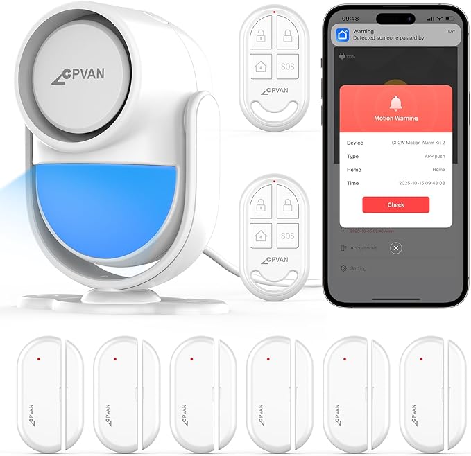 CPVAN WiFi Motion Sensor Alarm, 125dB Wireless DIY Smart PIR Motion Detector with 6 Door/Window Sensors for Home Security System - On Spot Alarm & APP Alert, White