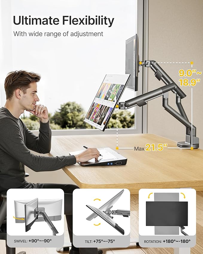 monTEK Dual Monitor Stand Mount with USB for Up to 35" Screens, Each Arm Holds Max 24.3lbs, Full Motion Adjustable Monitor Arm Desk Mount with C-Clamp/Grommet, VESA 75/100mm, Space Gray, MA1010UCDG-D