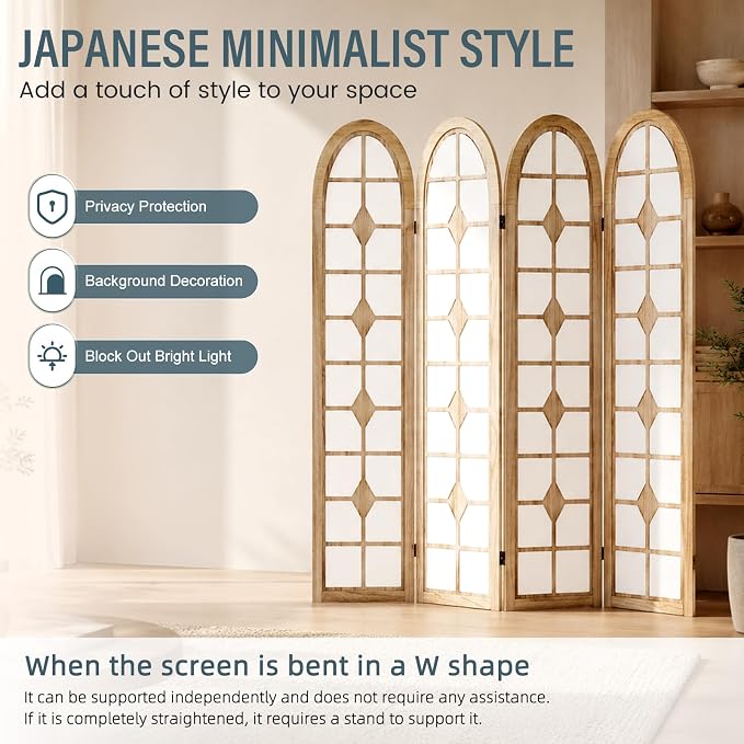 4 Panel Shoji Room Divider, Wood Folding Privacy Screen, Natural | Wood Room - Image 2