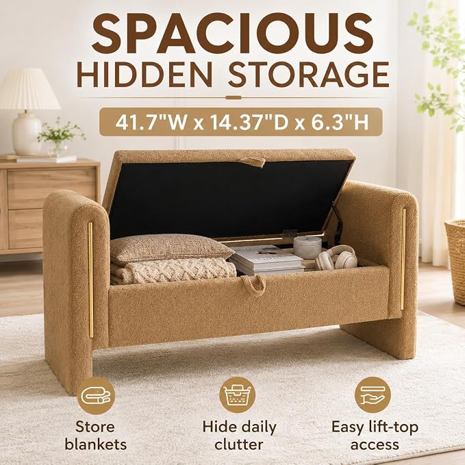 52" Upholstered Storage Bench, Wood Frame | Mid-century storage ottoman bench - Image 8