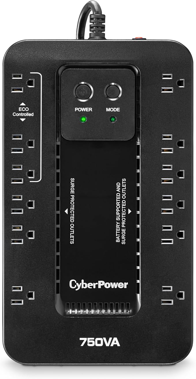 CyberPower EC750G Ecologic Battery Backup & Surge Protector UPS System, 750VA/450W, 12 Outlets, ECO Mode, Compact Uninterruptible Power Supply, Black