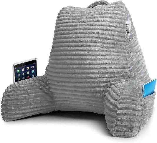 Nestl Reading Pillow with Shredded Memory Foam, Luxe Cut Plush Back Pillow for Sitting Up in Bed, Back and Arms Adjustable Support for Adult & Teens, Backrest Pillows with Washable Cover Light Grey