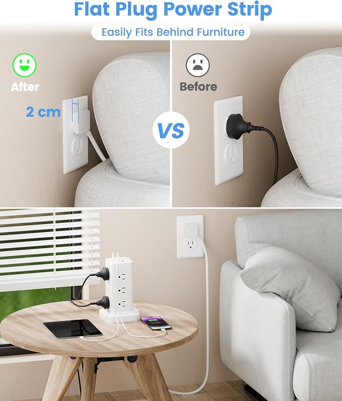 Power Strip Tower with Surge Protector 1800J, Fast Charging Tower PD20W USB-C - Image 6