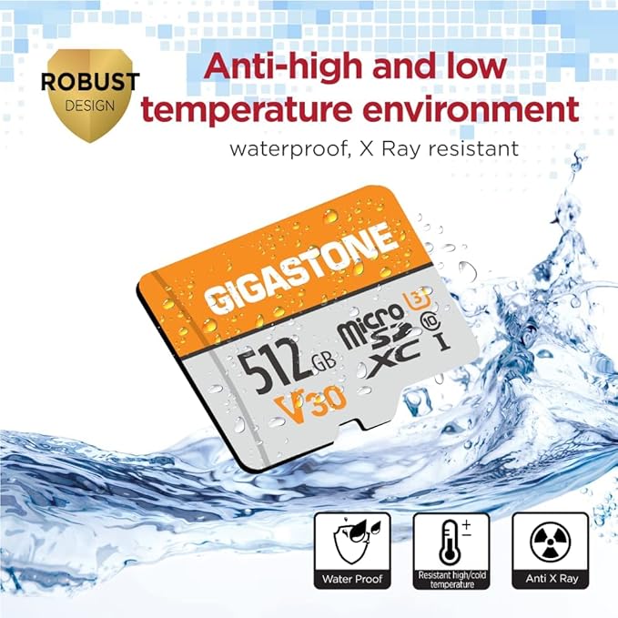 GIGASTONE 512GB Micro SD Card, for Surveillance, Security Camera, Action Camera, Drone, 100MB/s, A1 V30 4K Video Recording MicroSDXC Memory Card UHS-I Class 10