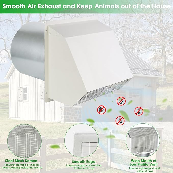 12 Inch Hooded Wall Vent with Screen and Damper, Outdoor Wall Exhaust Vent Cover Cap for Duct Dryer Range Hood Exterior Heating Cooling Ventilation and Outside Air Exhaust, Galvanized Steel, White