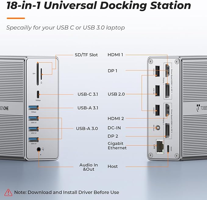 DisplayLink Docking Station Dual Monitor 4K@60HZ for MacBook, Windows, TobenONE Universal Mac mini M4 Dock with 2 HDMI & 2 DP, 65W Power Delivery, 7 USB, USB-C 3.1, Ethernet, SD/TF