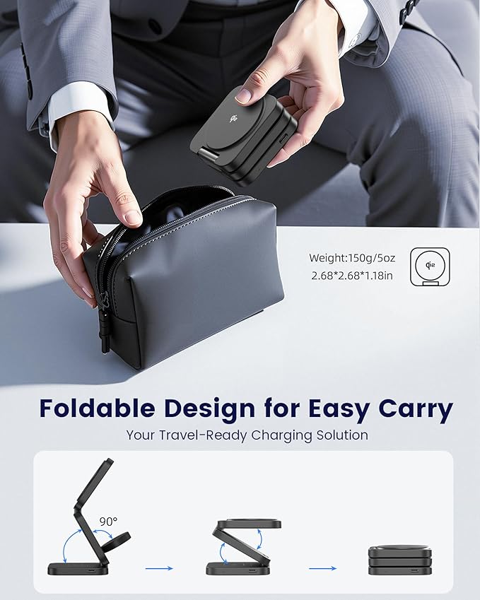 KU XIU X55Q Foldable 3 in 1 Magnetic Wireless Charger, 15W Qi2 Fast Charge for iPhone 17/16/15/14/13/12 and iPhone Air, 5W for Apple Watch 11–4/SE/Ultra, for AirPods 4/3/2/Pro 3/2/1 with 45W Adapter