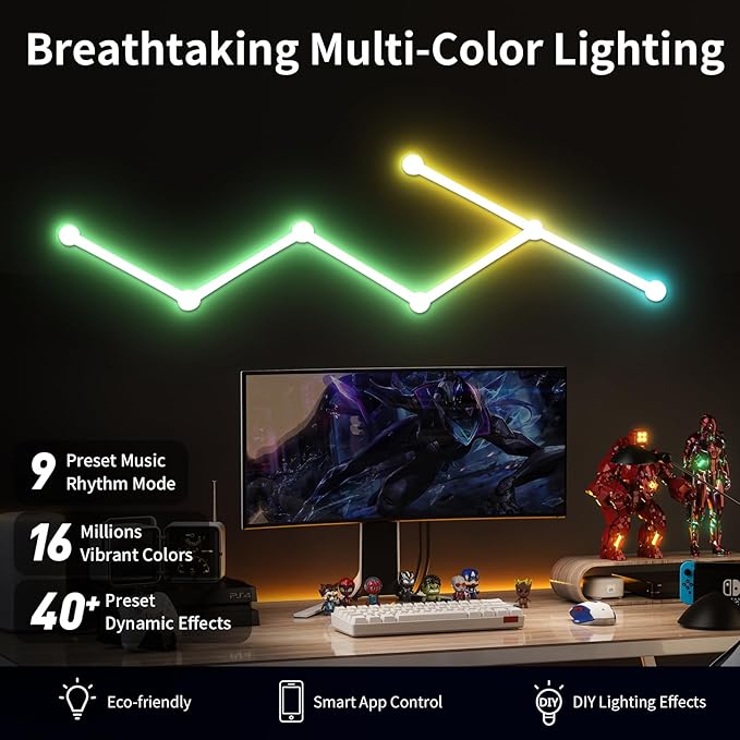 Phylosal Smart WiFi LED Wall Lights, 16M+ Color Dimmable Gaming Light Works with Alexa and Google Assistant, Music Sync, DIY and Timer Feature, RGB Light Bars for Gaming Room, Bedroom (6 Pcs,White)