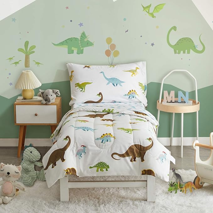 4 Pieces Toddler Bedding Set Dinosaur White with Colorful Dinos and Monsters Toddler Comforter Sheet Set for Autumu and Winter Includes Comforter, Flat Sheet, Fitted Sheet and Pillowcase