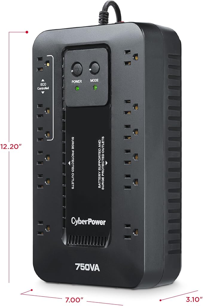 CyberPower EC750G Ecologic Battery Backup & Surge Protector UPS System, 750VA/450W, 12 Outlets, ECO Mode, Compact Uninterruptible Power Supply, Black