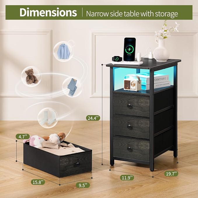 Yoobure End Table with Charging Station, LED Narrow Side Table Bedside Table - Image 2