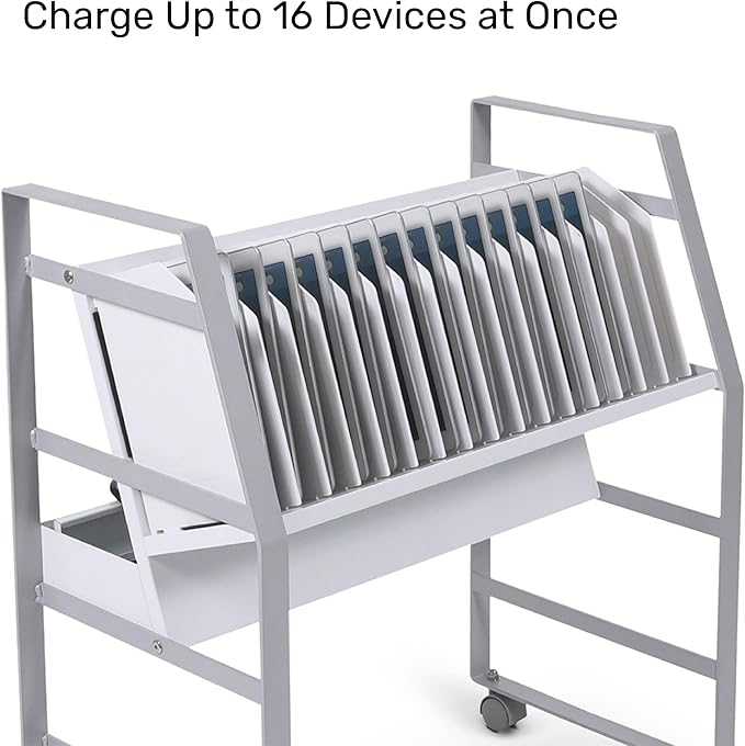 Line Leader 16-Device Mobile Charging Station | Steel Rolling Cart for Laptops, Tablets, & Chromebooks | Open Design with Dividers & UL-Certified Surge Protection | Portable Charging Stand (White)