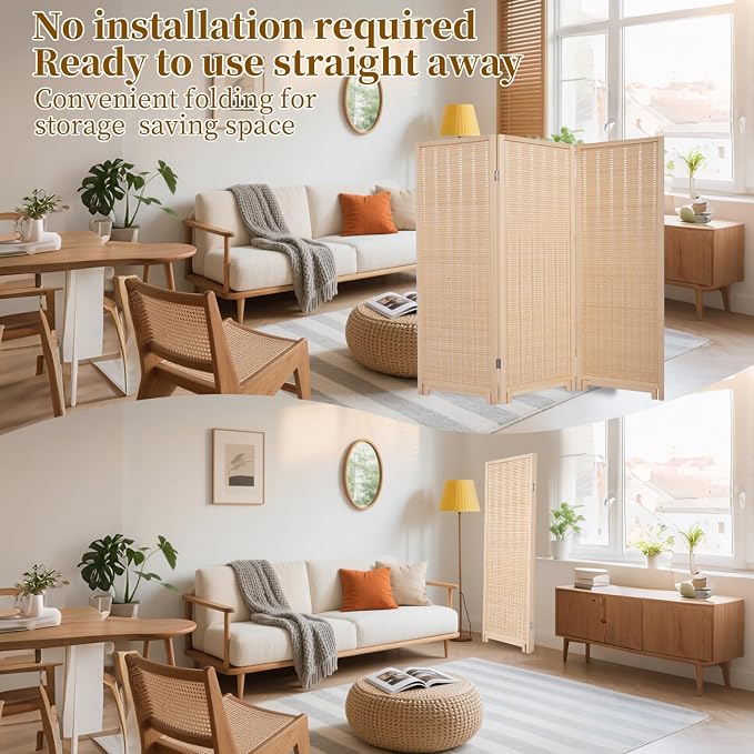 Bamboo Room Divider 3 Panel 47" H, 360°Rotating Feet Privacy Screen, Portable - Image 4