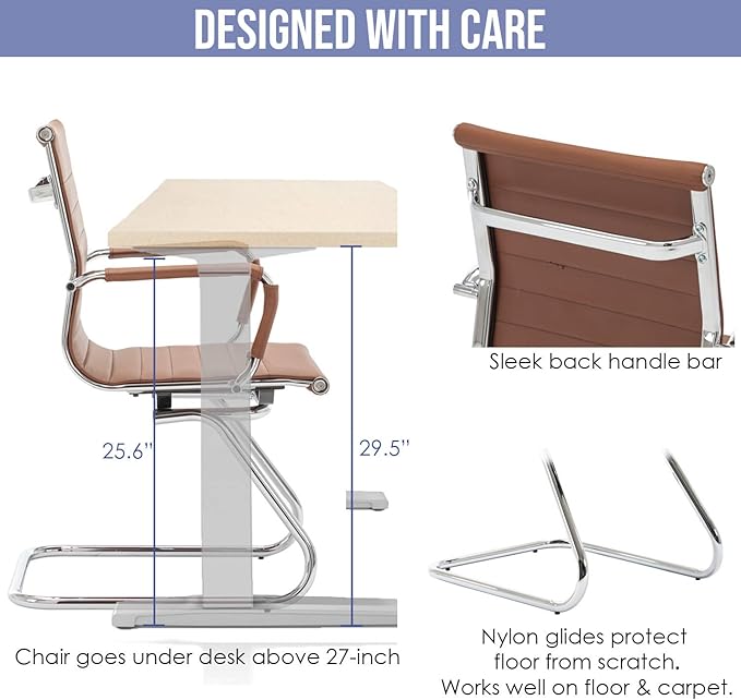 Wahson Office Guest Chairs Set of 4, Leather Reception Chairs, Mid Back Waiting Room Chair, Conference Chairs with Sled Base, Desk Chair No Wheels for Meeting/Lobby/Restroom, Coffee