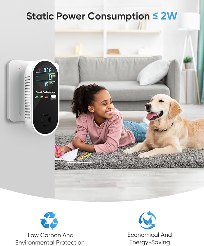 Vilfet Carbon Monoxide Detectors & Natural Gas Detector, 4-in-1 Carbon Monoxide Detectors Plug in, Gas Leak Detector with Dual Alarms, Temperature & Humidity Sensor for Home, RV, Black, 3 Packs