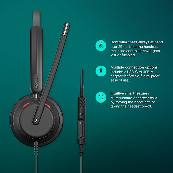 EPOS Impact 730T Mono Wired USB C and USB A Headset for PC with Noise-Canceling Mic, Microsoft Teams Certified, in-Line Controls, Comfortable Fit, Ideal for Office Calls, Remote & Hybrid Work